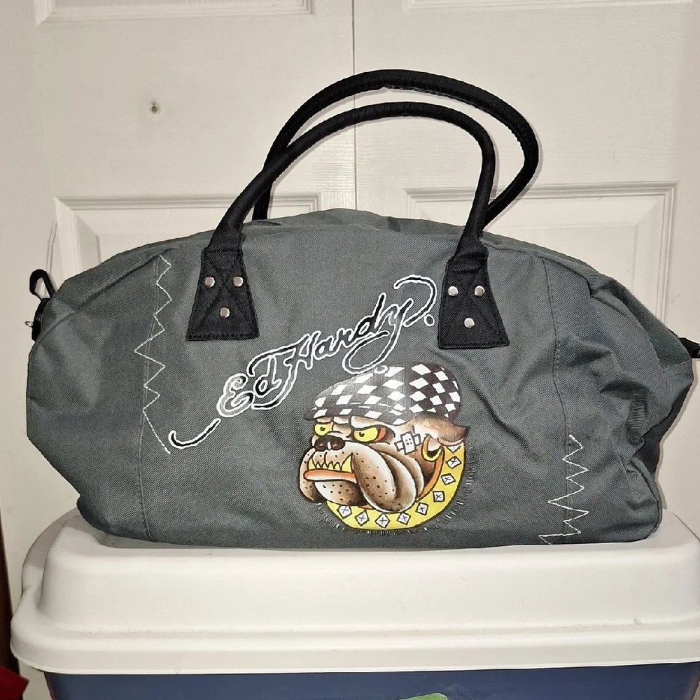 NWOT Medium Ed Hardy Gray Canvas Duffel Bag with Iconic Bulldog Design